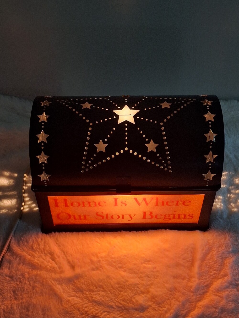Rustic Black Punched Tin Accent/Nightlight Etched Glass Stars Primitive Decor